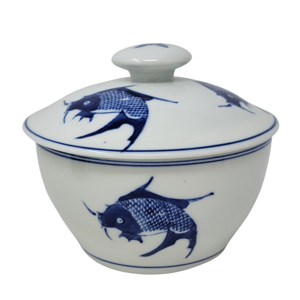 Vintage Chinese Blue & White Koi Fish Carp Soup Tureen Lid Serving Dish 6"